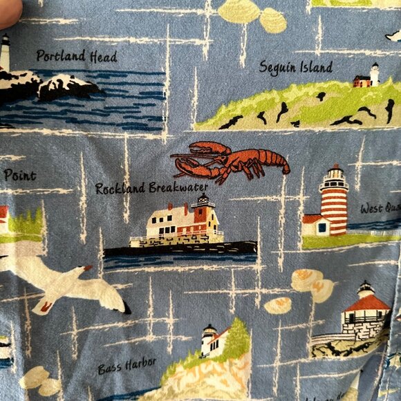 David Carey Originals Maine Button Up Shirt L Map Print Lighthouse Blue - Picture 6 of 9